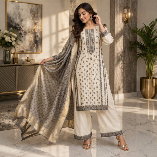 3 Piece Suit Set Premium Cotton With Self Print