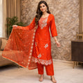Premium Cotton 3 Piece Suit Set With Embroidery Work Rust Colour