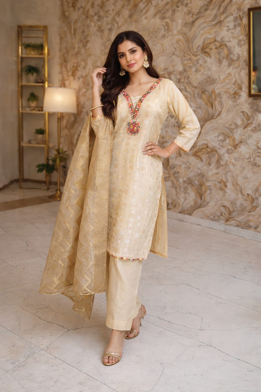 Pure Chanderi Silk With Brocade 3 Piece Suit Set Cream Colour