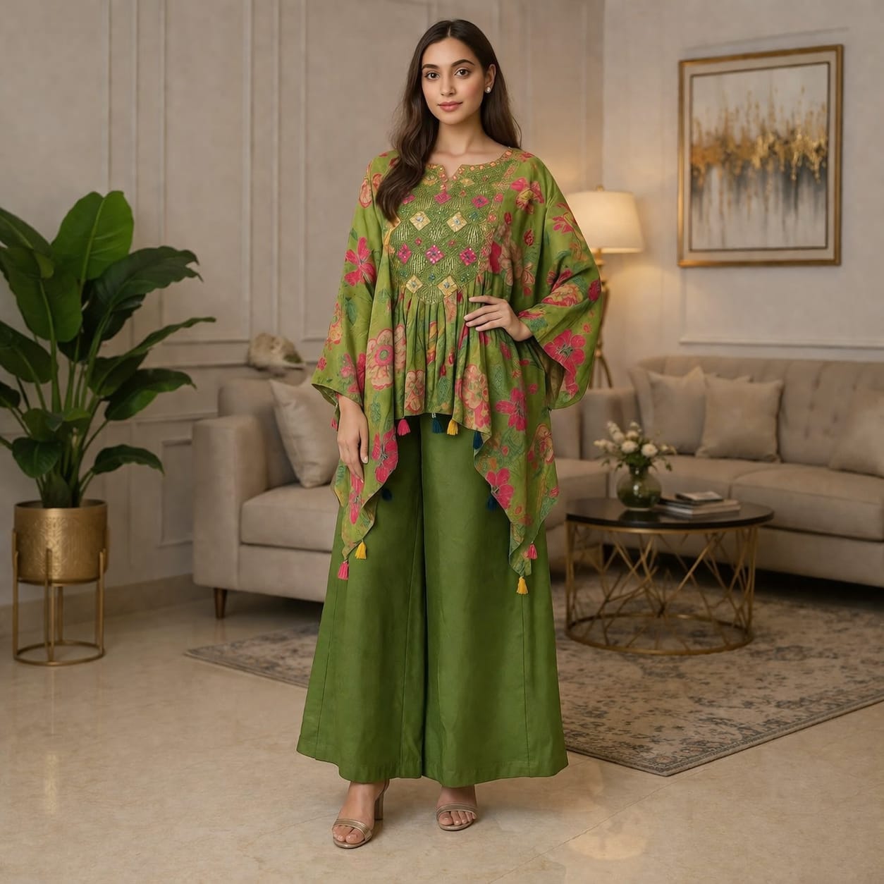 Pure fabric with embroidery work Green colour