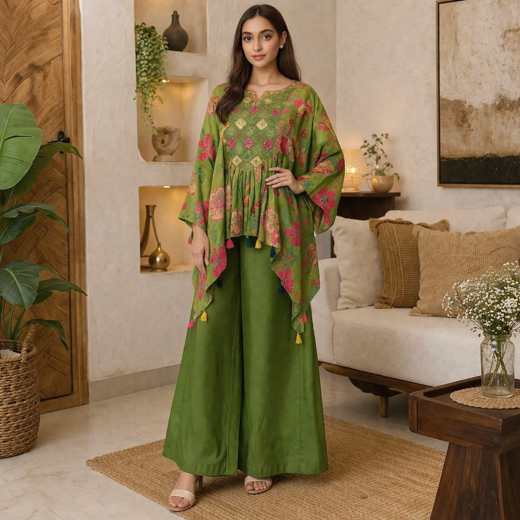 Pure fabric with embroidery work Green colour