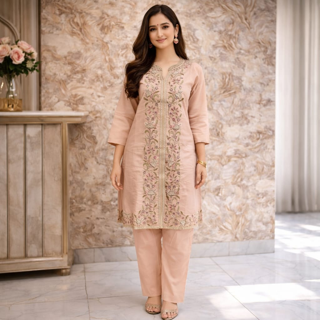 Cotton Co-ord Set with full embroidery work  Peach pink colour