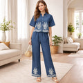 Cotton denim co ord set with embroidery work
