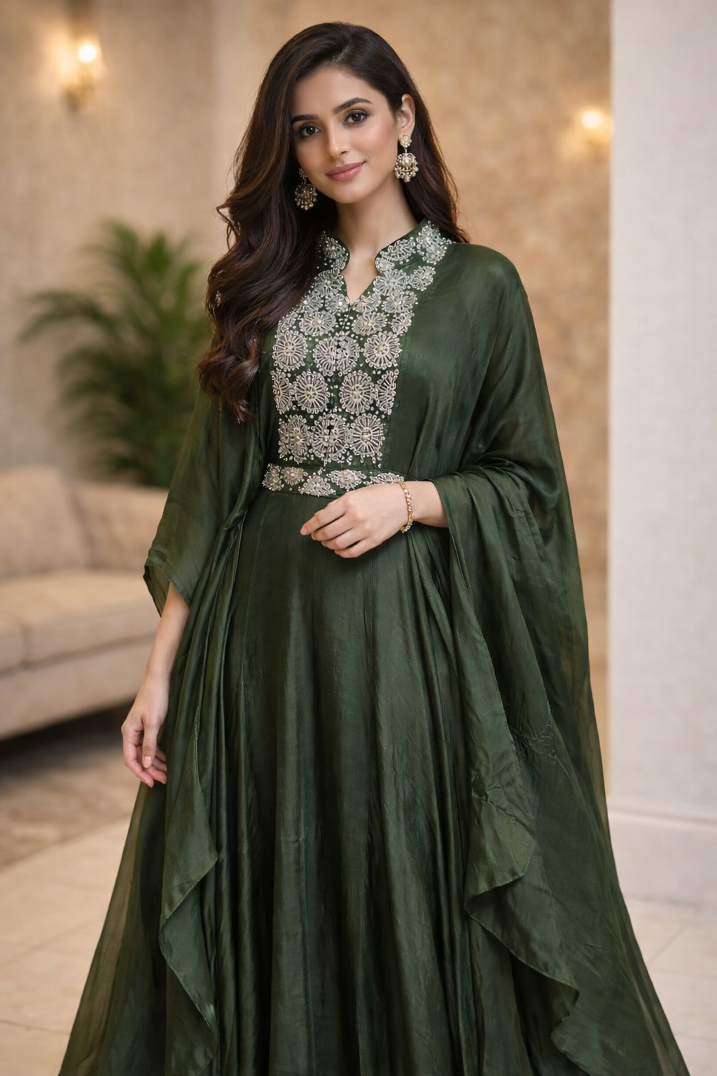 Indowestern Green Color Party Wear Dress
