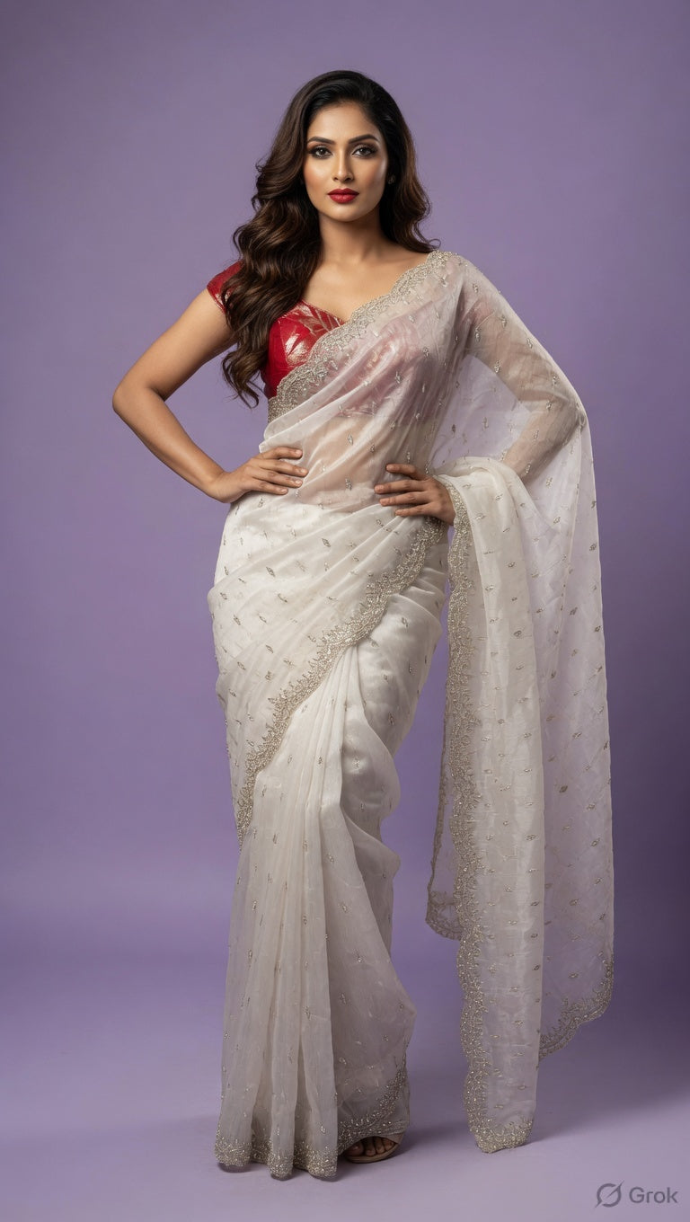 PREMIUM ORGANZA WITH CUT DANA, BEADS, SEQUINS STITCHED SAREE OFF-WHITE