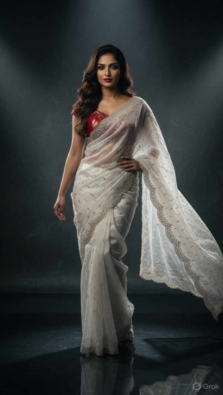 PREMIUM ORGANZA WITH CUT DANA, BEADS, SEQUINS STITCHED SAREE OFF-WHITE