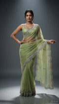 PREMIUM TISSUE SAREE WITH HANDWORK LIGHT GREEN COLOR
